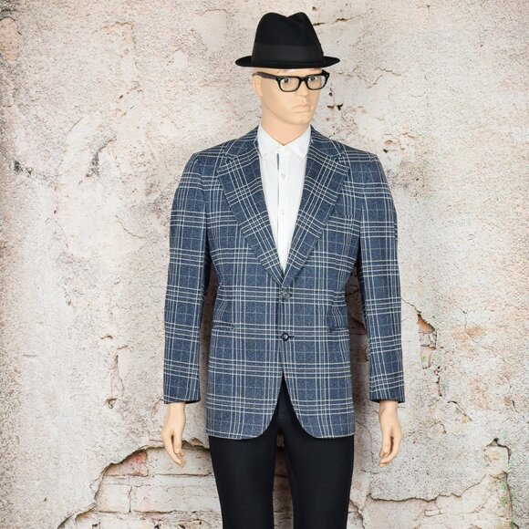Vintage 60's Blue Plaid KINGSRIDGE Polyester Sports Coat - 42 Reg - Picture 2 of 6